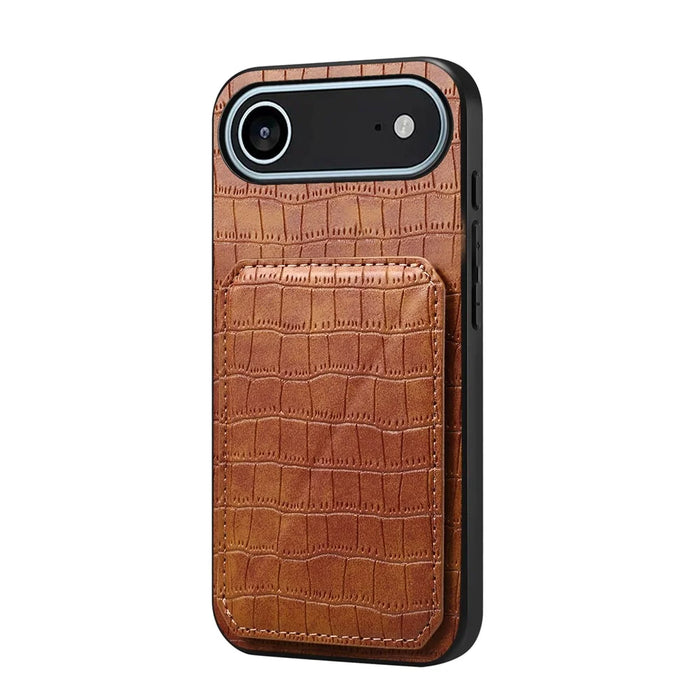 For iPhone Air Case with Card Holder Leather + PC + TPU Crocodile Textured Back Cover - Brown - 1