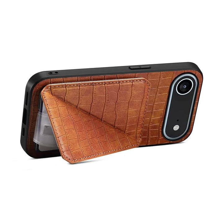 For iPhone Air Case with Card Holder Leather + PC + TPU Crocodile Textured Back Cover - Brown - 3