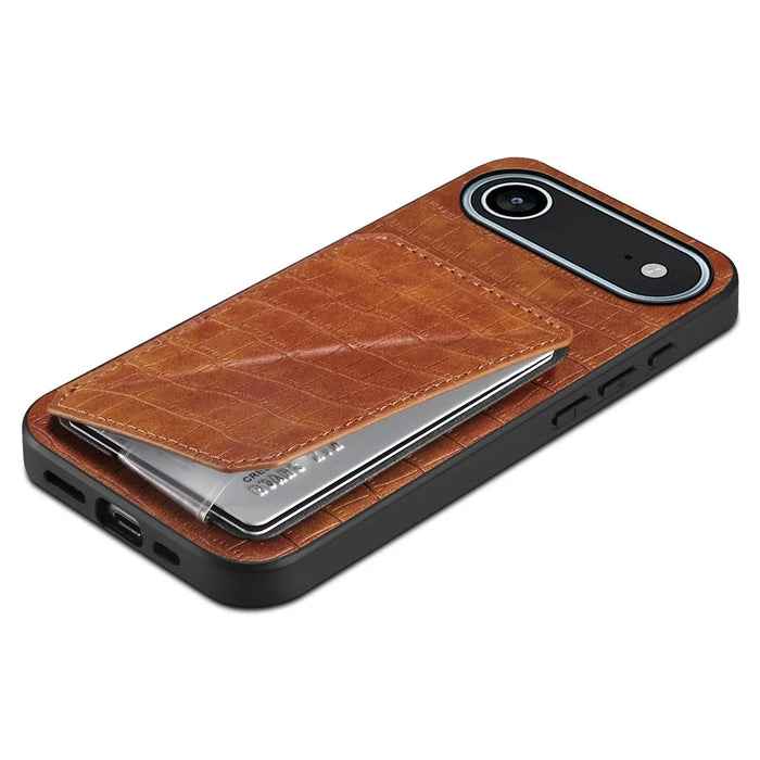 For iPhone Air Case with Card Holder Leather + PC + TPU Crocodile Textured Back Cover - Brown - 4