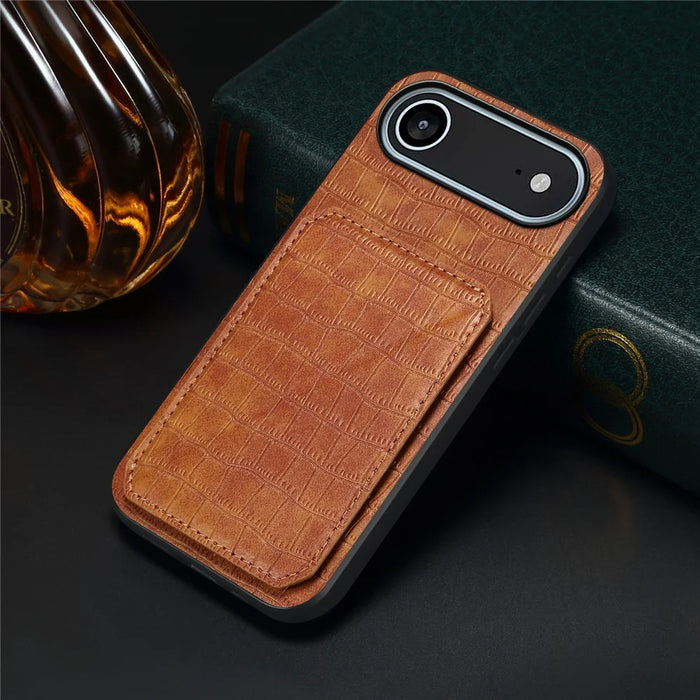 For iPhone Air Case with Card Holder Leather + PC + TPU Crocodile Textured Back Cover - Brown - 5