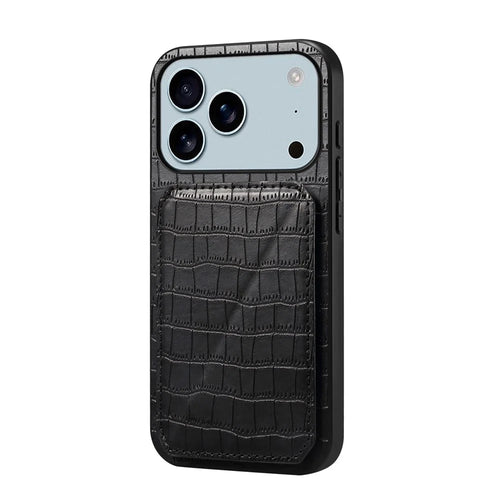 For iPhone 17 Pro Case with Card Holder Leather + PC + TPU Crocodile Textured Back Cover - Black - 1