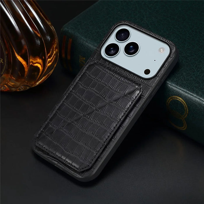 For iPhone 17 Pro Case with Card Holder Leather + PC + TPU Crocodile Textured Back Cover - Black - 5