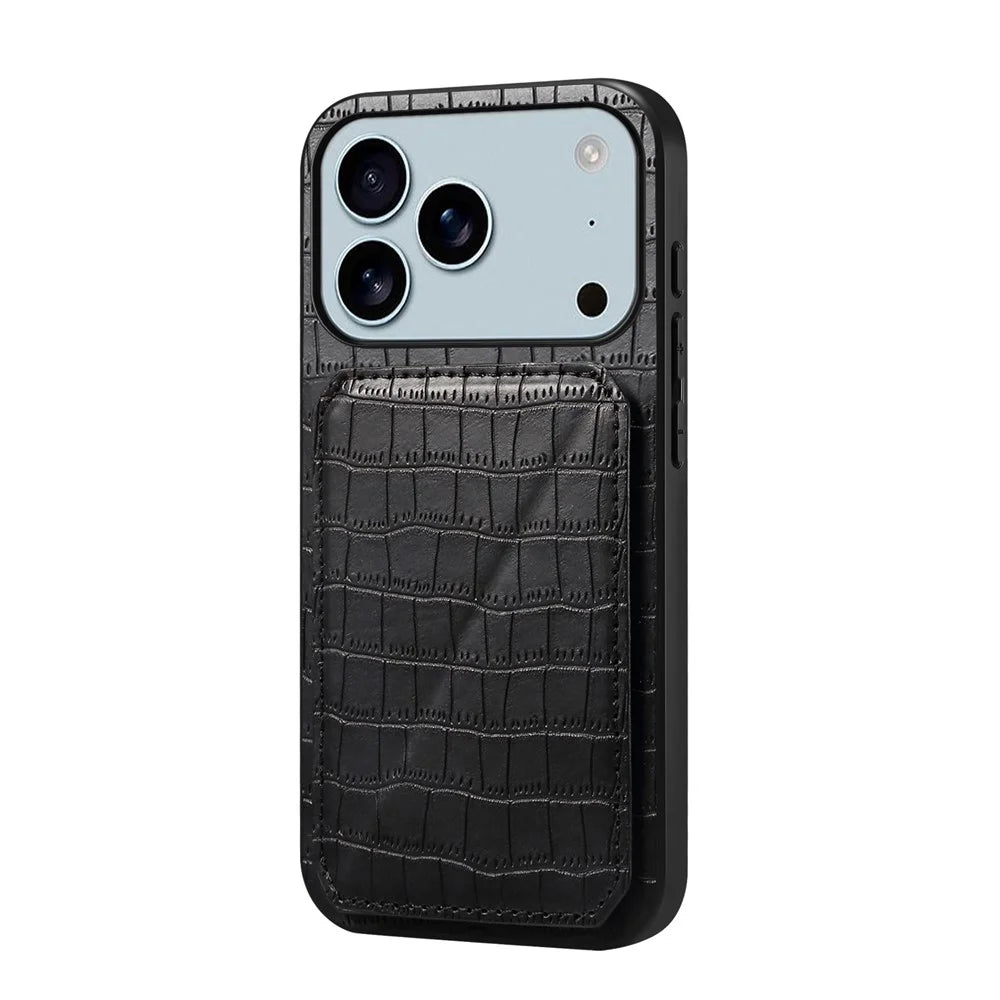 For iPhone 17 Pro Max Case with Card Holder Leather + PC + TPU Crocodile Textured Back Cover - Black - 1