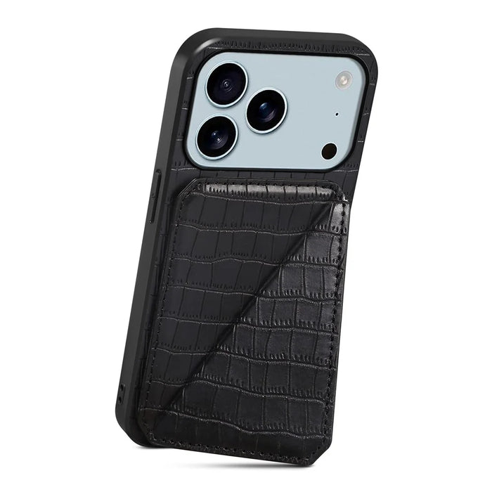 For iPhone 17 Pro Max Case with Card Holder Leather + PC + TPU Crocodile Textured Back Cover - Black - 2