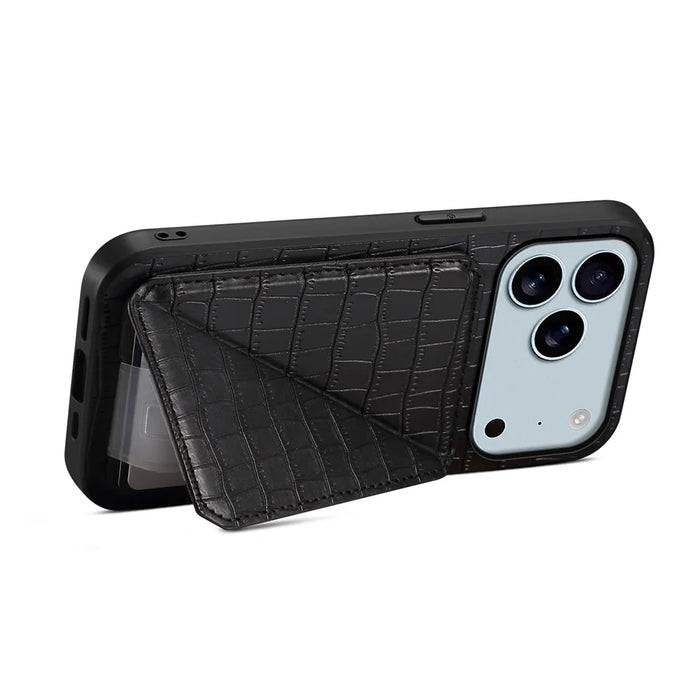 For iPhone 17 Pro Max Case with Card Holder Leather + PC + TPU Crocodile Textured Back Cover - Black - 3