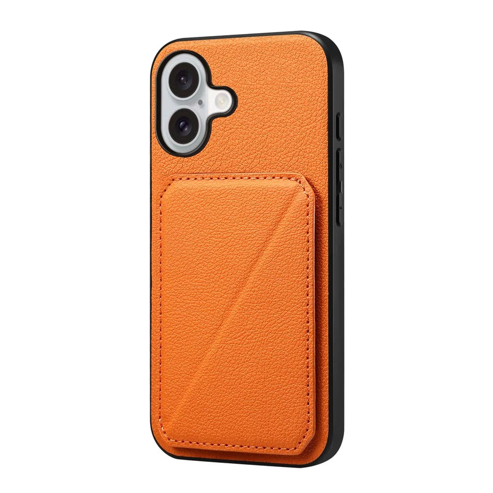 For iPhone 17 Case Card Holder Kickstand Calf Textured Leather + PC + TPU Phone Cover - Orange - 1