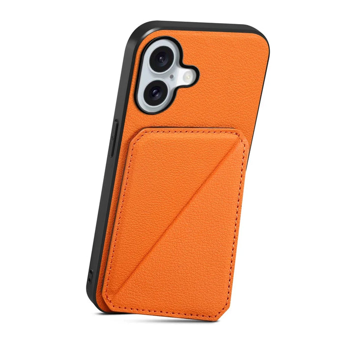 For iPhone 17 Case Card Holder Kickstand Calf Textured Leather + PC + TPU Phone Cover - Orange - 2