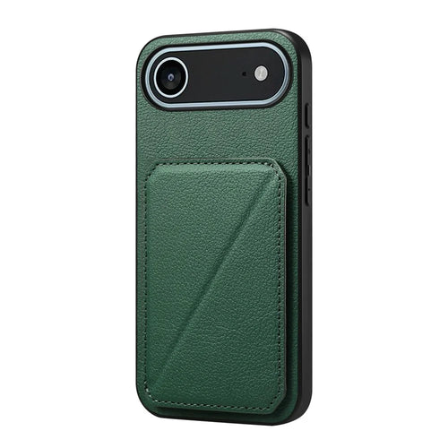 For iPhone Air Case Card Holder Kickstand Calf Textured Leather + PC + TPU Phone Cover - Green - 1
