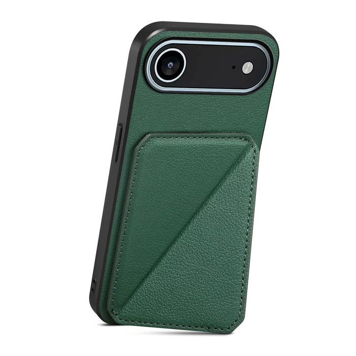 For iPhone Air Case Card Holder Kickstand Calf Textured Leather + PC + TPU Phone Cover - Green - 2