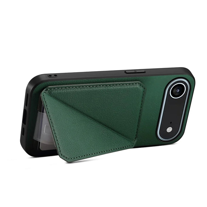 For iPhone Air Case Card Holder Kickstand Calf Textured Leather + PC + TPU Phone Cover - Green - 3