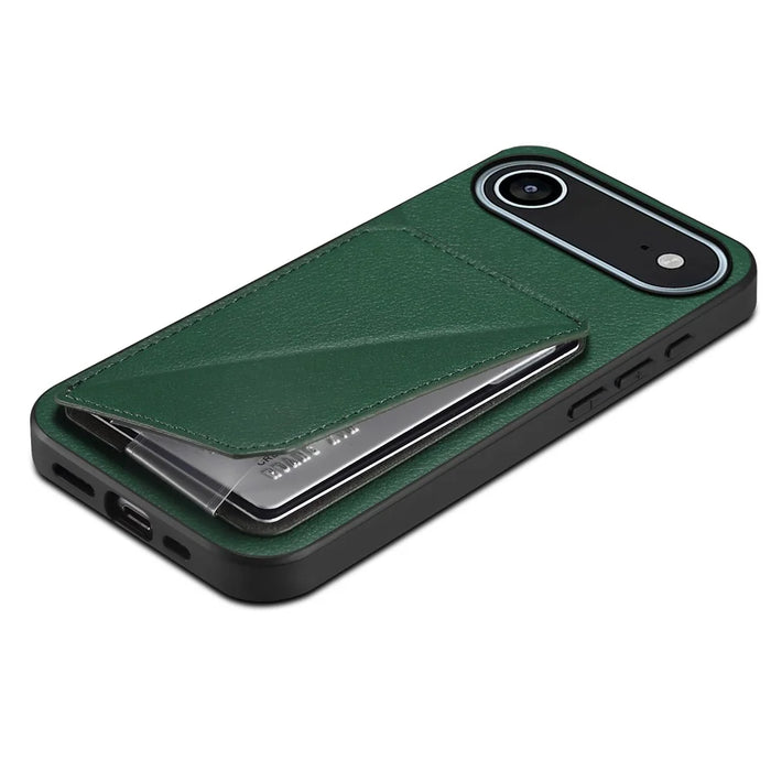 For iPhone Air Case Card Holder Kickstand Calf Textured Leather + PC + TPU Phone Cover - Green - 4