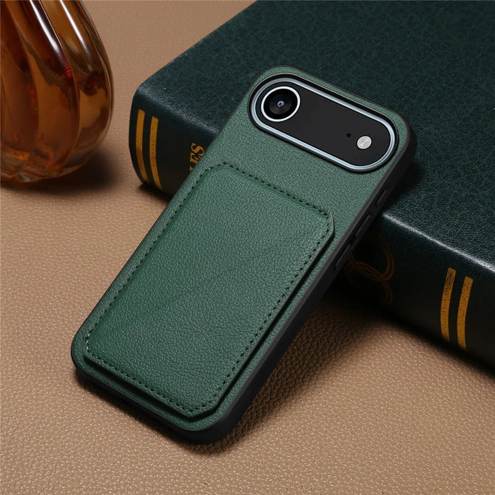 For iPhone Air Case Card Holder Kickstand Calf Textured Leather + PC + TPU Phone Cover - Green - 5