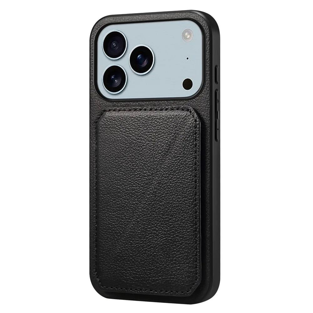 For iPhone 17 Pro Case Card Holder Kickstand Calf Textured Leather + PC + TPU Phone Cover - Black - 1