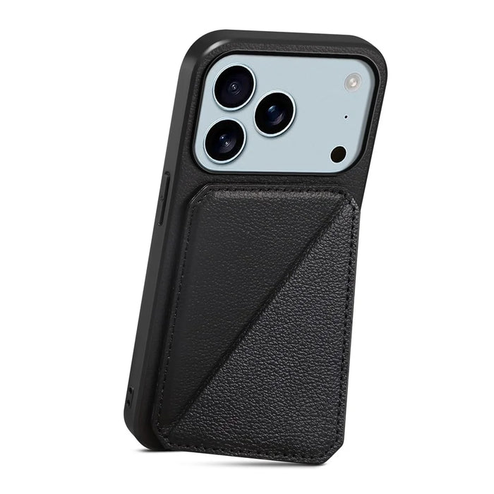 For iPhone 17 Pro Case Card Holder Kickstand Calf Textured Leather + PC + TPU Phone Cover - Black - 2