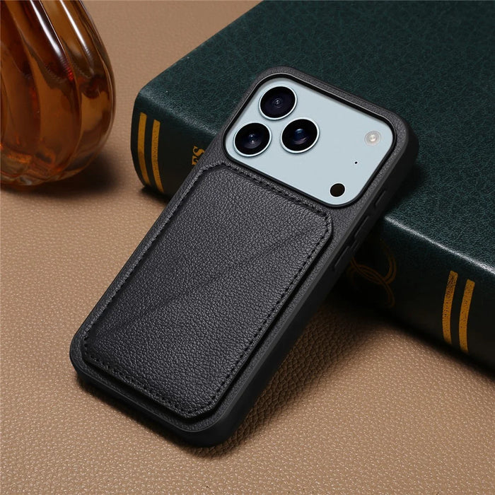 For iPhone 17 Pro Case Card Holder Kickstand Calf Textured Leather + PC + TPU Phone Cover - Black - 5