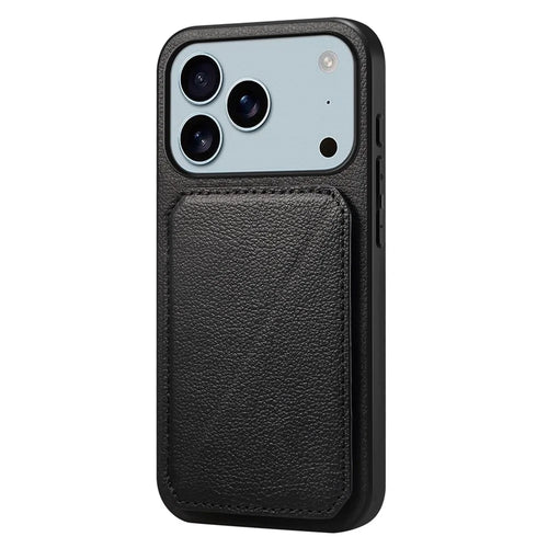 For iPhone 17 Pro Max Case Card Holder Kickstand Calf Textured Leather + PC + TPU Phone Cover - Black - 1