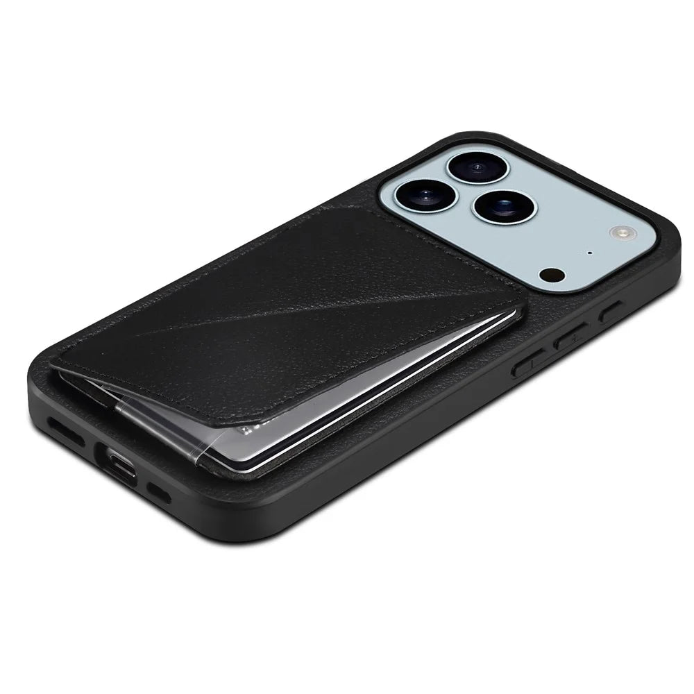 For iPhone 17 Pro Max Case Card Holder Kickstand Calf Textured Leather + PC + TPU Phone Cover - Black - 4