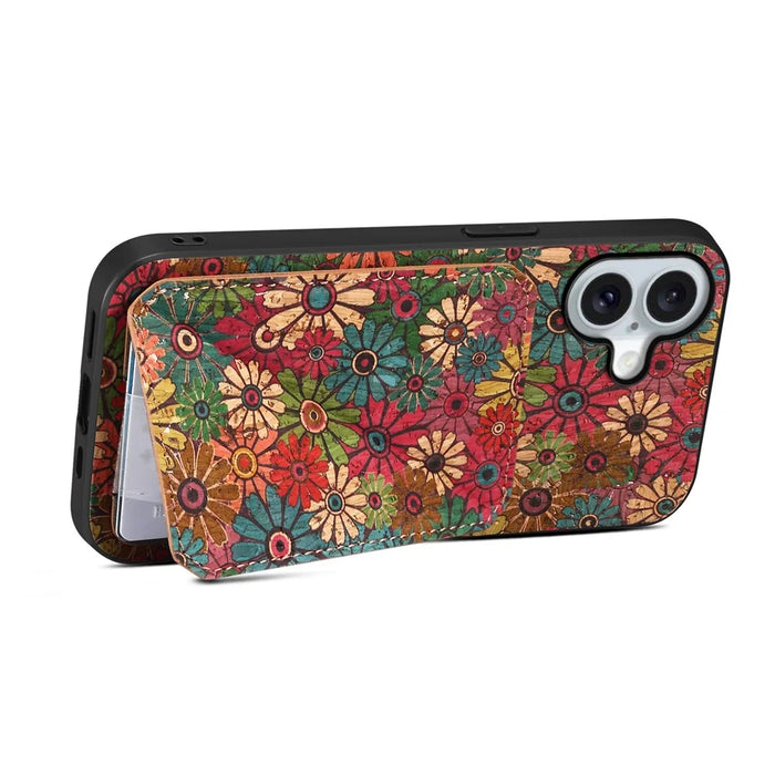 For iPhone 17 Case with Card Holder Kickstand Flowers Design Leather Phone Cover - Spring / Green - 3
