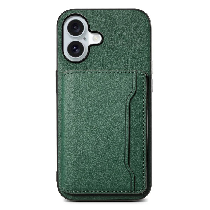 For iPhone 17 Case with Card Slots Kickstand Calf Texture Leather Phone Back Cover - Green - 1