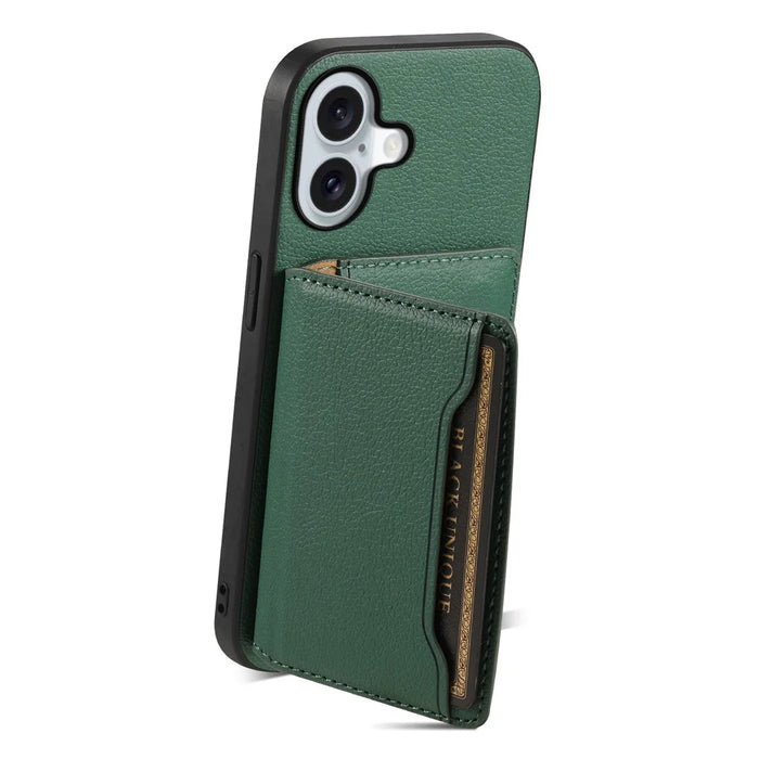 For iPhone 17 Case with Card Slots Kickstand Calf Texture Leather Phone Back Cover - Green - 2