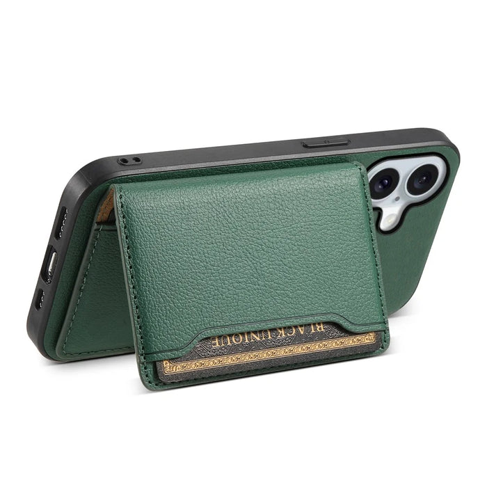 For iPhone 17 Case with Card Slots Kickstand Calf Texture Leather Phone Back Cover - Green - 3