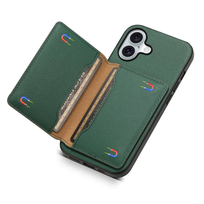 For iPhone 17 Case with Card Slots Kickstand Calf Texture Leather Phone Back Cover - Green - 4