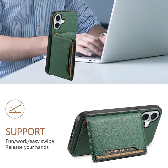 For iPhone 17 Case with Card Slots Kickstand Calf Texture Leather Phone Back Cover - Green - 5