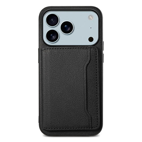 For iPhone 17 Pro Max Case with Card Slots Kickstand Calf Texture Leather Phone Back Cover - Black - 1