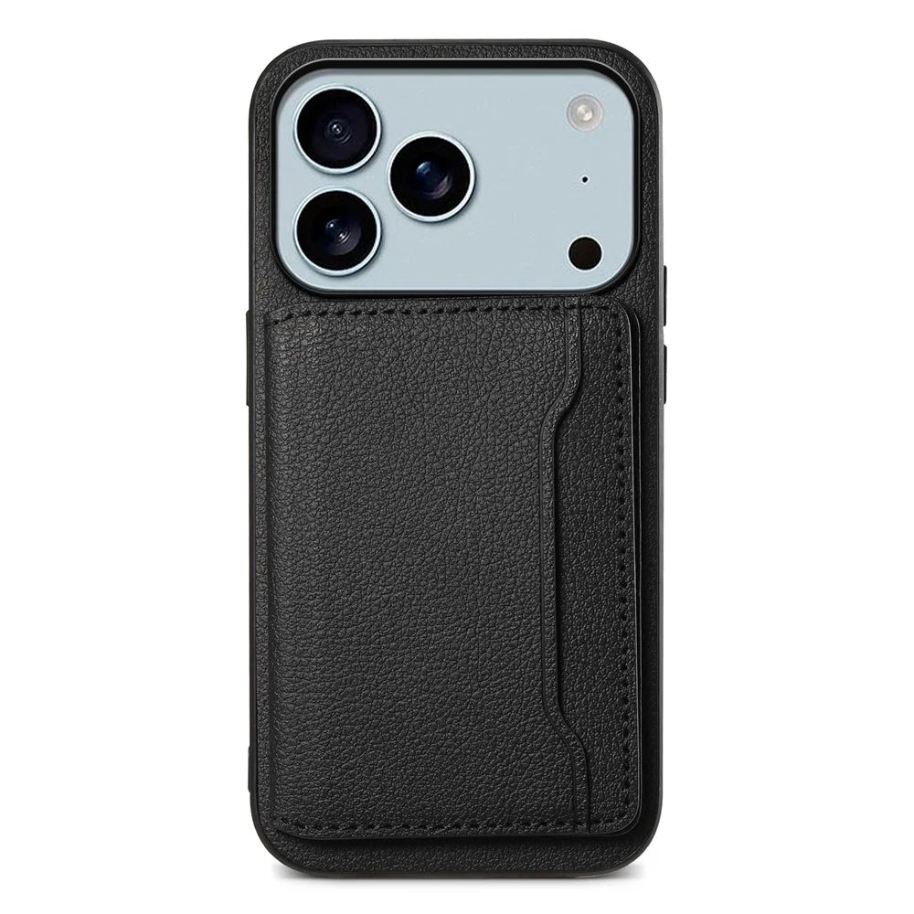 For iPhone 17 Pro Max Case with Card Slots Kickstand Calf Texture Leather Phone Back Cover - Black - 1