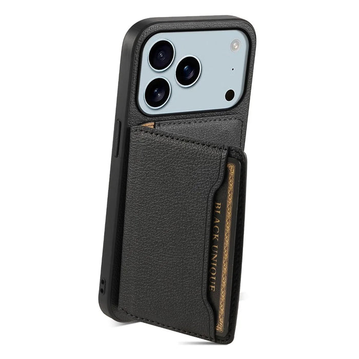 For iPhone 17 Pro Max Case with Card Slots Kickstand Calf Texture Leather Phone Back Cover - Black - 2