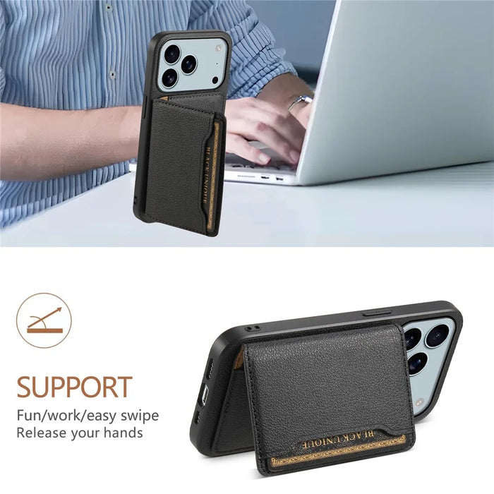 For iPhone 17 Pro Max Case with Card Slots Kickstand Calf Texture Leather Phone Back Cover - Black - 5