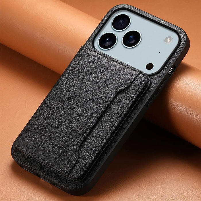 For iPhone 17 Pro Max Case with Card Slots Kickstand Calf Texture Leather Phone Back Cover - Black - 6