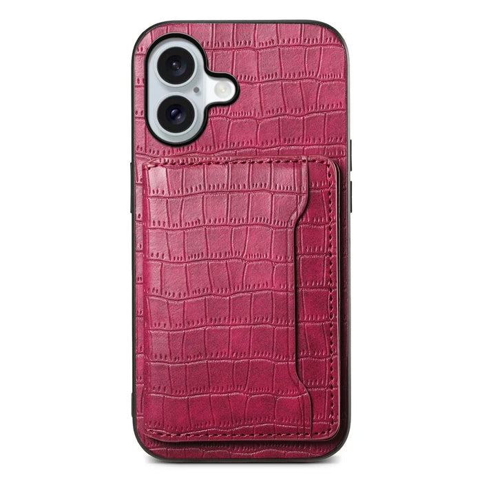 For iPhone 17 Case Card Holder Kickstand Crocodile Texture Leather Back Phone Cover - Red - 1