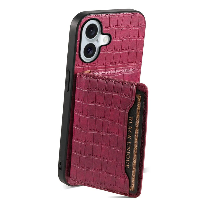For iPhone 17 Case Card Holder Kickstand Crocodile Texture Leather Back Phone Cover - Red - 3