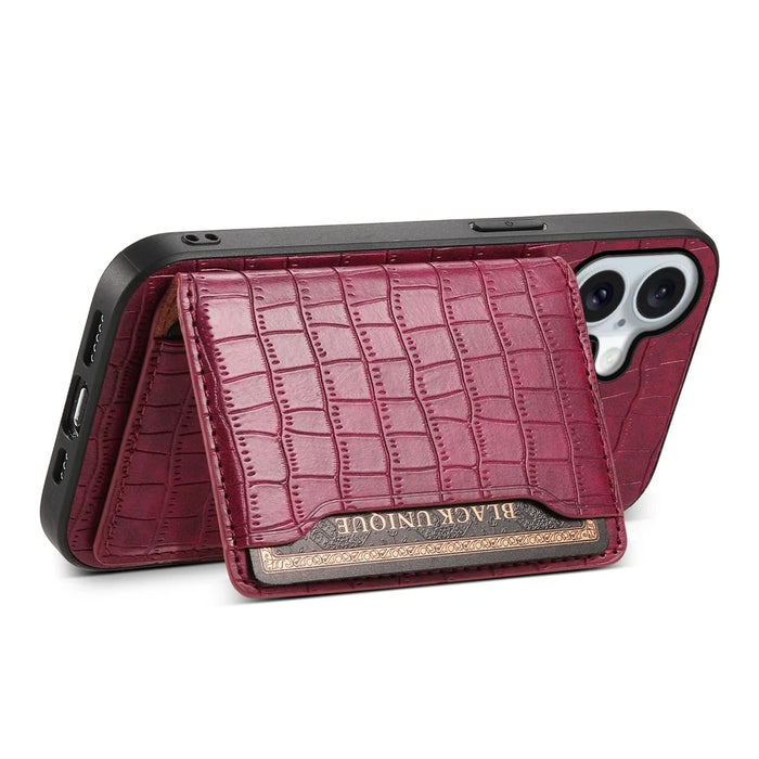 For iPhone 17 Case Card Holder Kickstand Crocodile Texture Leather Back Phone Cover - Red - 4