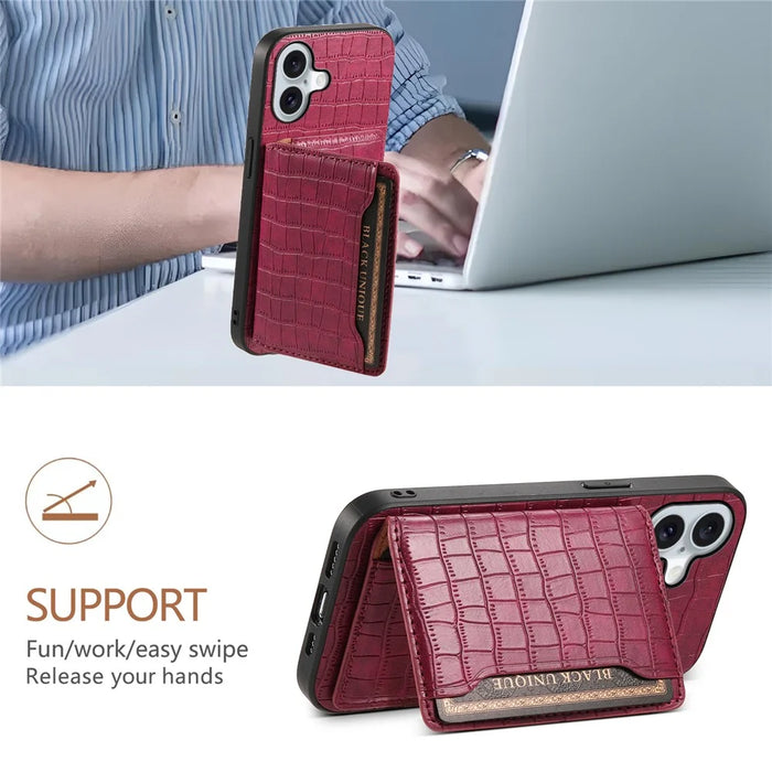 For iPhone 17 Case Card Holder Kickstand Crocodile Texture Leather Back Phone Cover - Red - 5