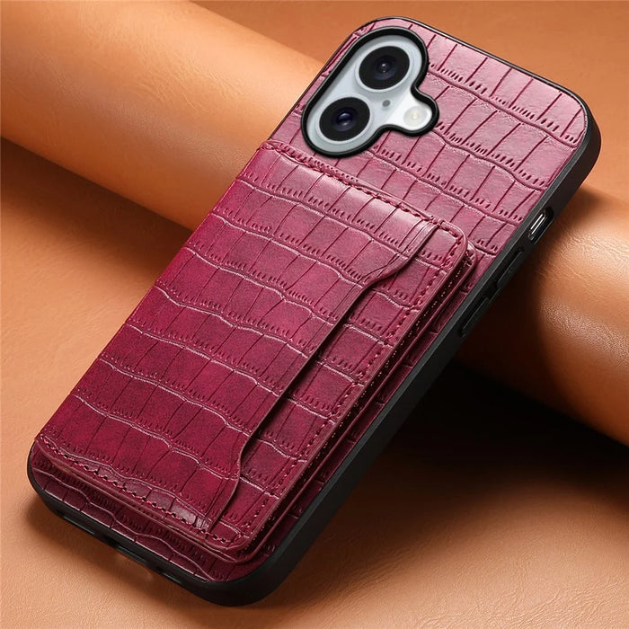 For iPhone 17 Case Card Holder Kickstand Crocodile Texture Leather Back Phone Cover - Red - 6