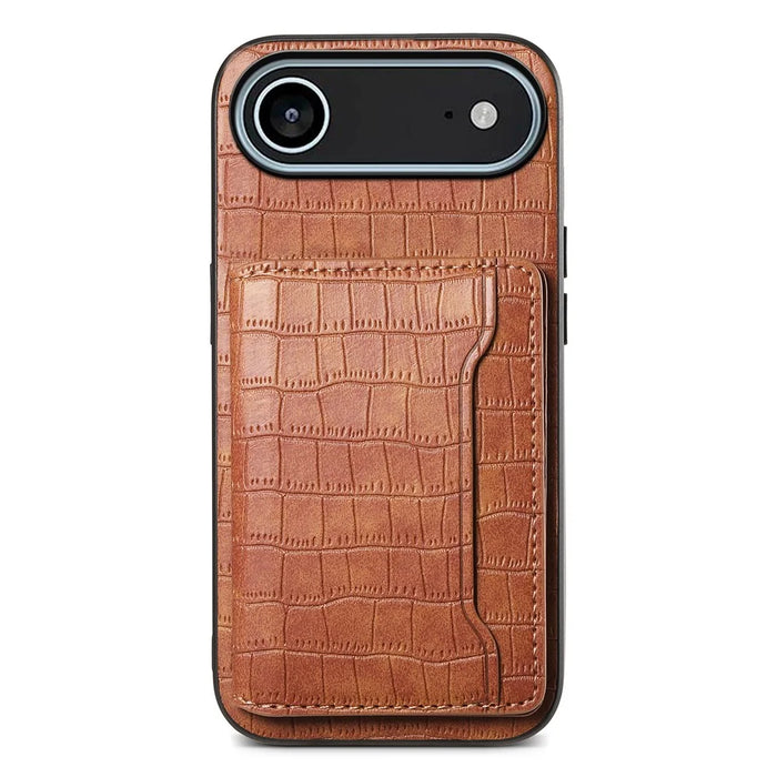 For iPhone Air Case Card Holder Kickstand Crocodile Texture Leather Back Phone Cover - Brown - 1