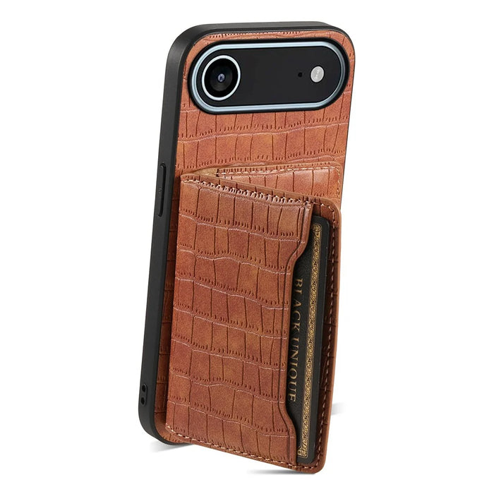 For iPhone Air Case Card Holder Kickstand Crocodile Texture Leather Back Phone Cover - Brown - 2