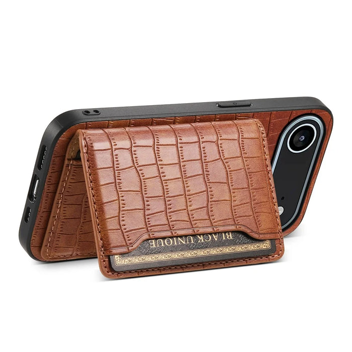 For iPhone Air Case Card Holder Kickstand Crocodile Texture Leather Back Phone Cover - Brown - 3