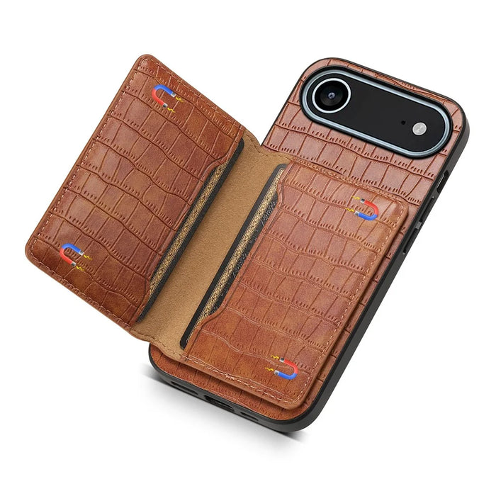 For iPhone Air Case Card Holder Kickstand Crocodile Texture Leather Back Phone Cover - Brown - 4