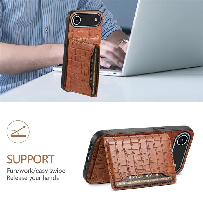 For iPhone Air Case Card Holder Kickstand Crocodile Texture Leather Back Phone Cover - Brown - 5