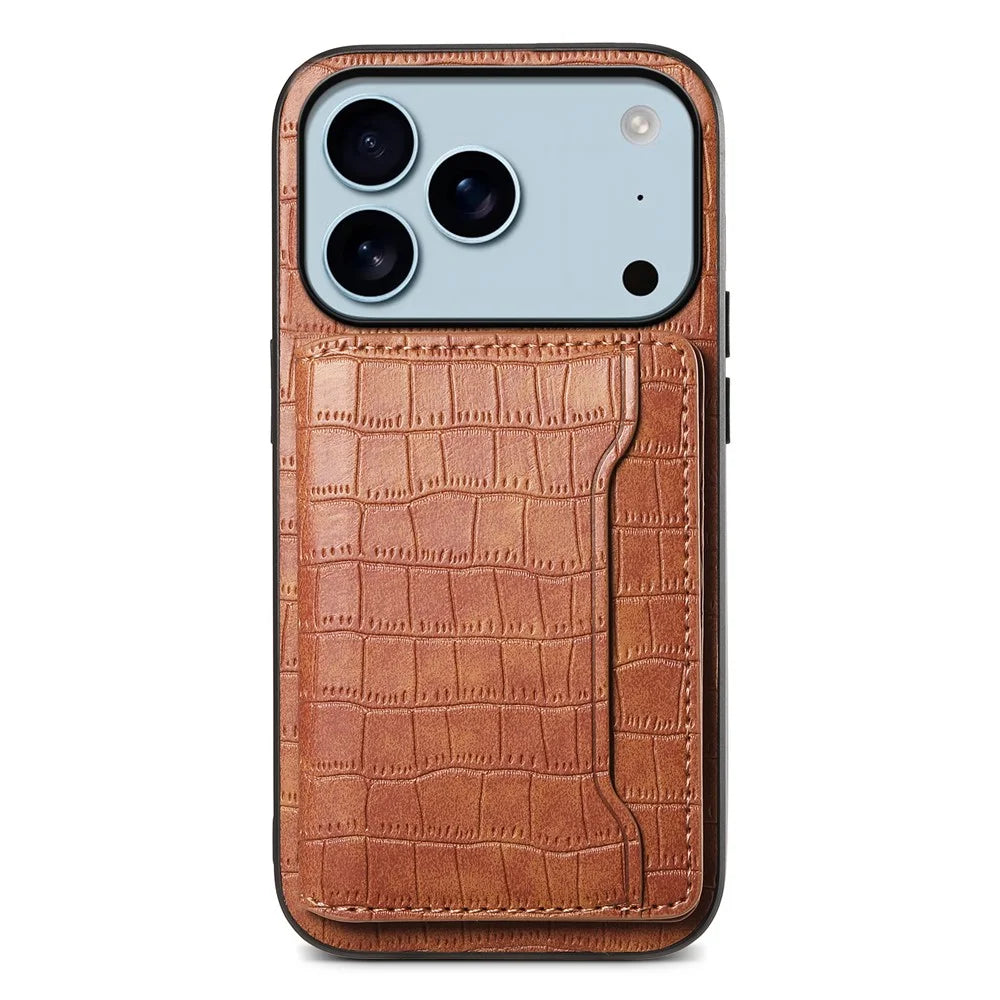 For iPhone 17 Pro Case Card Holder Kickstand Crocodile Texture Leather Back Phone Cover - Brown - 1