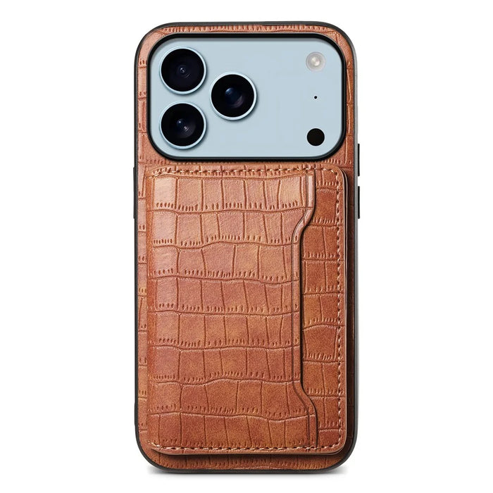 For iPhone 17 Pro Case Card Holder Kickstand Crocodile Texture Leather Back Phone Cover - Brown - 1