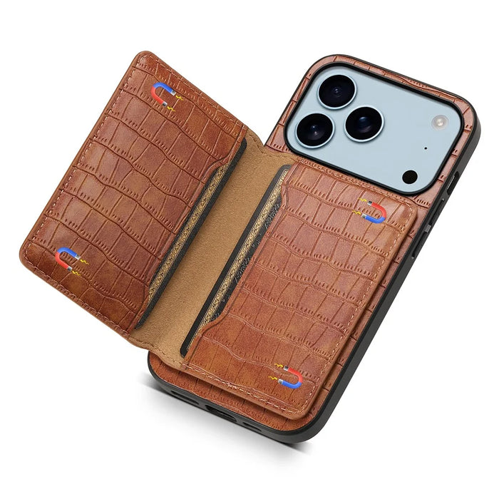 For iPhone 17 Pro Case Card Holder Kickstand Crocodile Texture Leather Back Phone Cover - Brown - 4