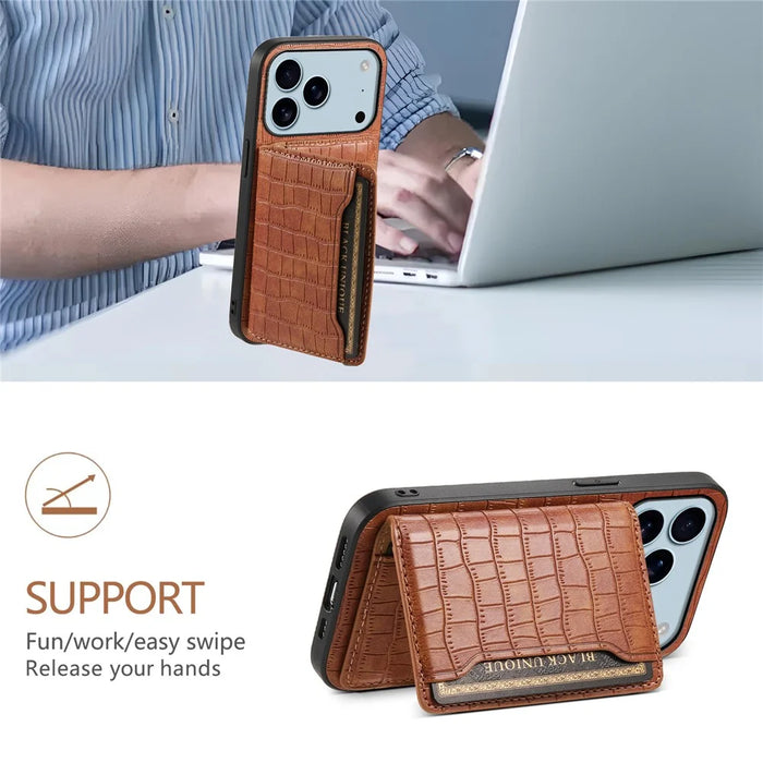 For iPhone 17 Pro Case Card Holder Kickstand Crocodile Texture Leather Back Phone Cover - Brown - 5