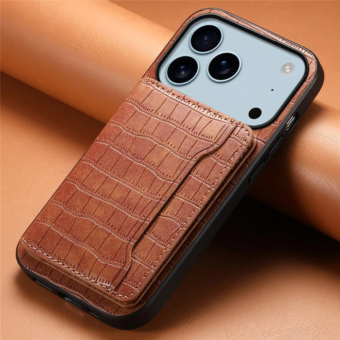 For iPhone 17 Pro Case Card Holder Kickstand Crocodile Texture Leather Back Phone Cover - Brown - 6