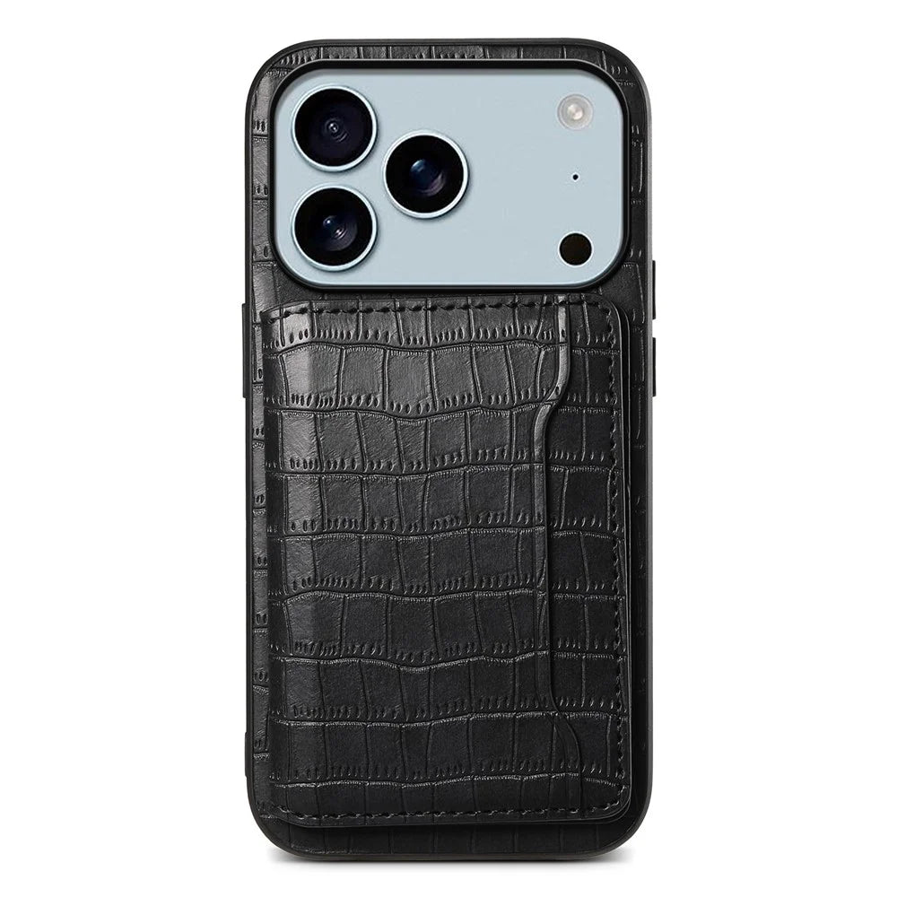 For iPhone 17 Pro Max Case Card Holder Kickstand Crocodile Texture Leather Back Phone Cover - Black - 1