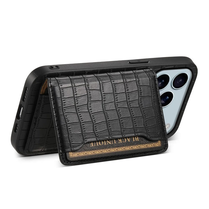 For iPhone 17 Pro Max Case Card Holder Kickstand Crocodile Texture Leather Back Phone Cover - Black - 3