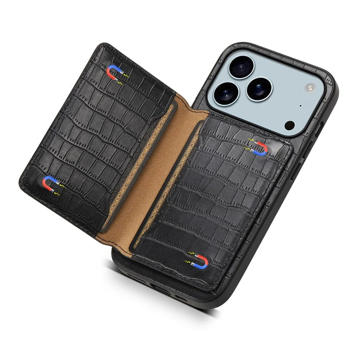 For iPhone 17 Pro Max Case Card Holder Kickstand Crocodile Texture Leather Back Phone Cover - Black - 4